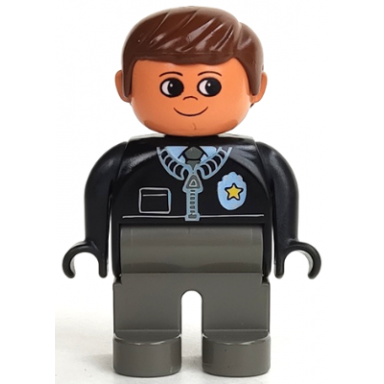 duplo figure male police dark gray legs black top with zipper tie and badge brown hair