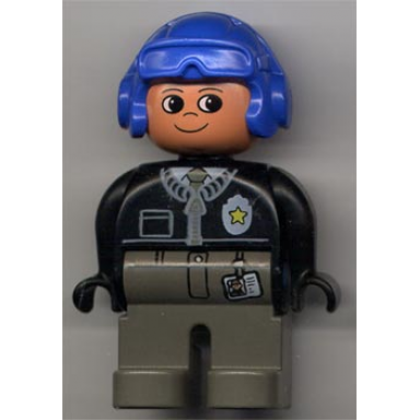 duplo figure male police dark gray legs black top with zipper tie and badge blue aviator helmet