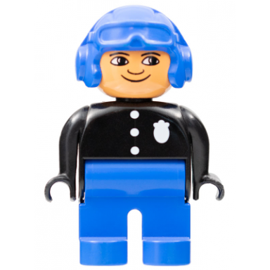 duplo figure male police blue legs black top with 3 buttons and badge blue aviator helmet and nose bow line up