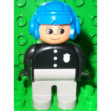duplo figure male police light gray legs black top with 3 buttons and badge blue aviator helmet