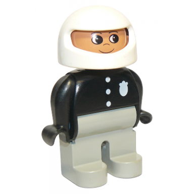 duplo figure male police light gray legs black top with 3 buttons and badge white racing helmet