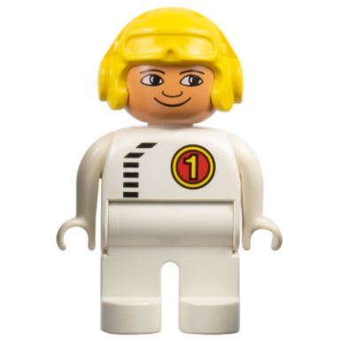 duplo figure male white legs white top with black zipper and racer 1 yellow aviator helmet