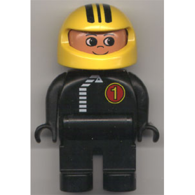 duplo figure male black legs black top with white zipper and racer 1 yellow helmet with black stripes