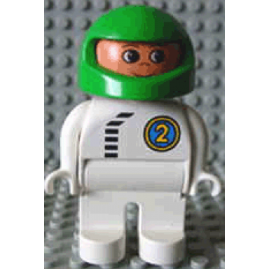 duplo figure male white legs white top with black zipper and racer 2 green helmet