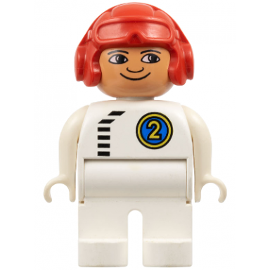 duplo figure male white legs white top with black zipper and racer 2 red aviator helmet