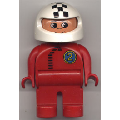 duplo figure male red legs red top with black zipper and racer 2 white helmet with checkered stripe