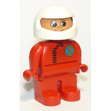 duplo figure male red legs red top with black zipper and racer 2 white helmet