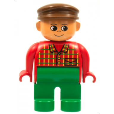 duplo figure male green legs red top plaid brown cap