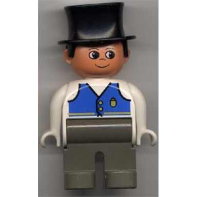 duplo figure male dark gray legs white top with blue vest with pocket and two buttons black top hat