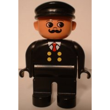 duplo figure male black legs black top with 4 yellow buttons and red tie black hat curly moustache train engineer