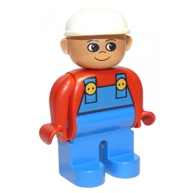 duplo figure male blue legs red top with blue overalls construction hat white turned up nose