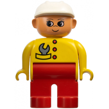 duplo figure female red legs yellow top with red buttons wrench in pocket construction hat white