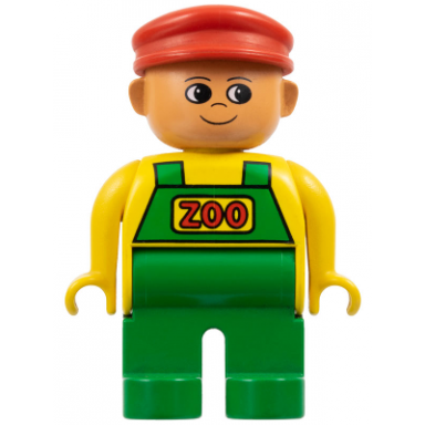 duplo figure male green legs yellow top with green overalls red cap zoo keeper