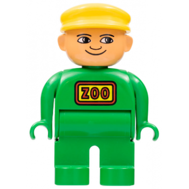 duplo figure male green legs green top yellow cap zoo keeper