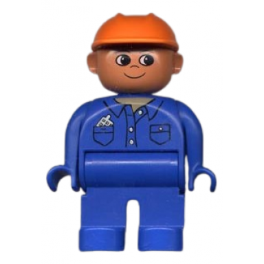 duplo figure male blue legs blue top with cell phone in pocket construction hat orange