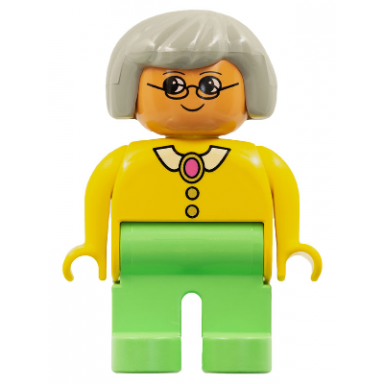 duplo figure - female adult woman medium green legs yellow top with collar buttons and brooch pattern light gray hair nougat head 75484