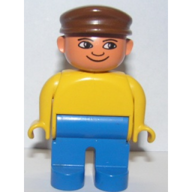 duplo figure male blue legs yellow top brown cap with white in eyes pattern