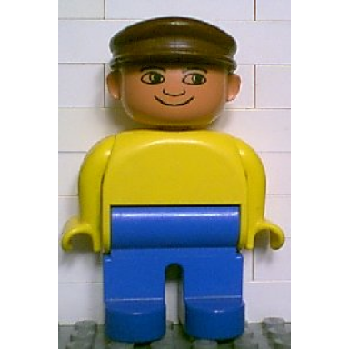 duplo figure male blue legs yellow top brown cap no white in eyes pattern
