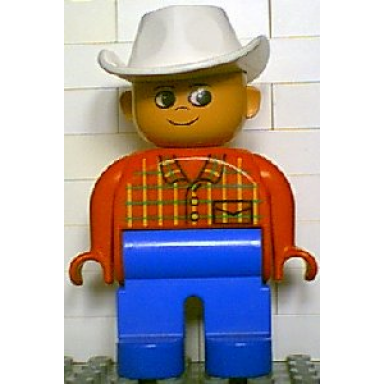 duplo figure male blue legs red top plaid white cowboy hat