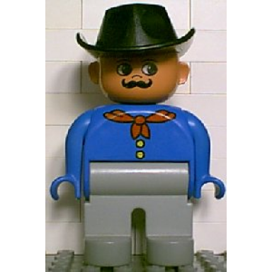 duplo figure male light gray legs blue top with red bandana black cowboy hat