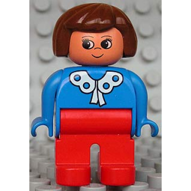 duplo figure - female adult woman red legs blue top with lace collar pattern brown hair nougat head 75472