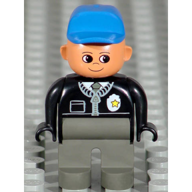duplo figure male police dark gray legs black top with zipper tie and badge blue cap
