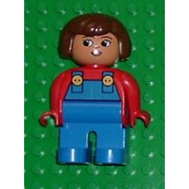 duplo figure female blue legs red top with blue overalls brown hair turned down nose