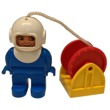 duplo figure diver male blue legs blue top white helmet string and red reel yellow drum reel holder