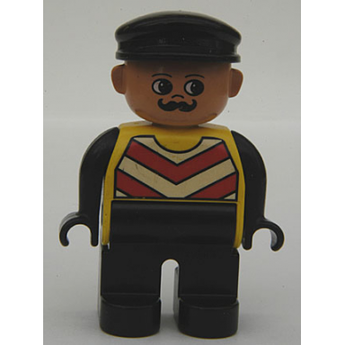 duplo figure male black legs yellow chevron vest black arms black cap