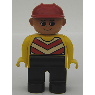 duplo figure male black legs chevron vest yellow arms construction hat red