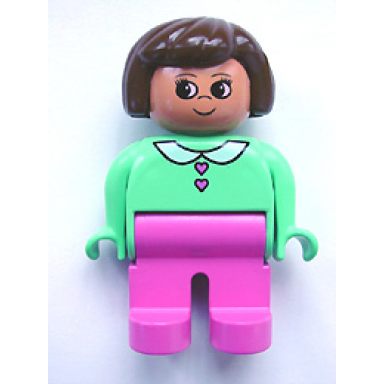 duplo figure female dark pink legs medium green blouse with heart buttons brown hair