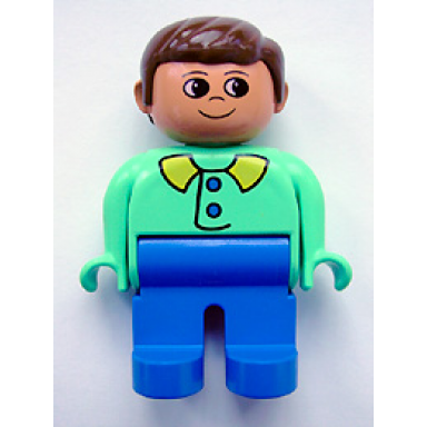 duplo figure male blue legs medium green top with blue buttons brown hair