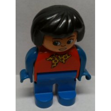 duplo figure female blue legs red top with yellow and red polka dot scarf blue arms black hair turned down nose