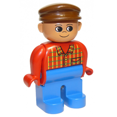 duplo figure male blue legs red top plaid brown cap