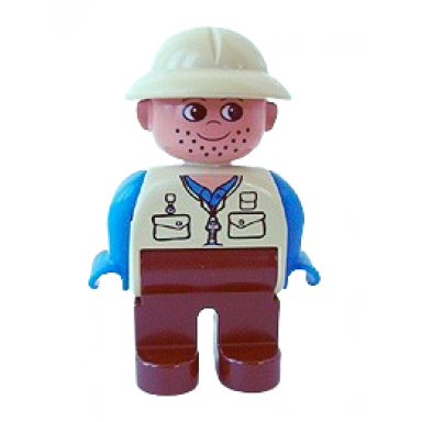 duplo figure male brown legs tan top blue arms tan pith helmet facial stubble