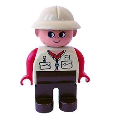 duplo figure female brown legs red arms tan pith helmet eyelashes