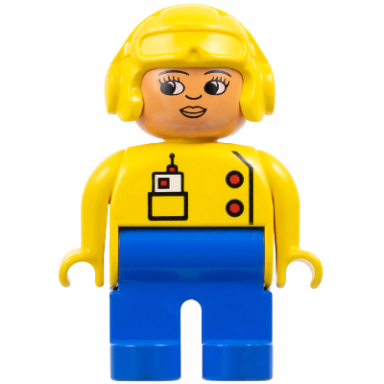 duplo figure female blue legs yellow top with radio in pocket yellow aviator helmet eyelashes turned down nose