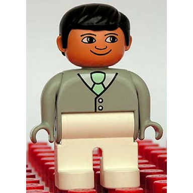duplo figure male white legs light gray top with white shirt and light green tie black hair 75181