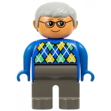 duplo figure - male adult man dark gray legs blue top with argyle pattern light gray hair nougat head 75488