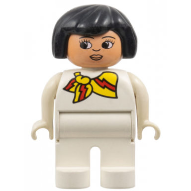duplo figure female white legs white top and with yellow and red scarf black hair