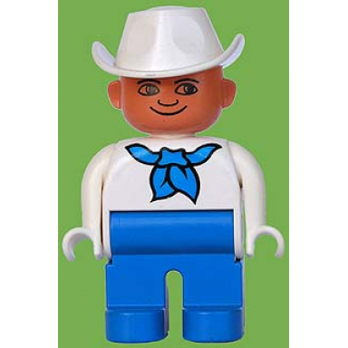 duplo figure male blue legs white top with blue bandana white cowboy hat plain eyes