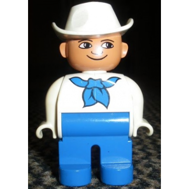 duplo figure male blue legs white top with blue bandana white cowboy hat white in eyes
