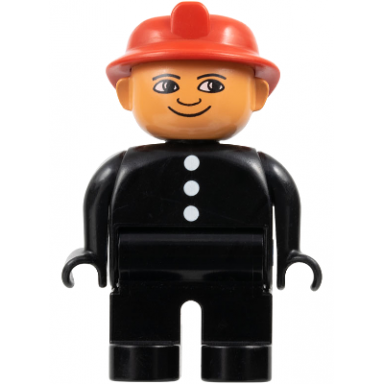 duplo figure male fireman black legs black top with 3 white buttons red fire helmet