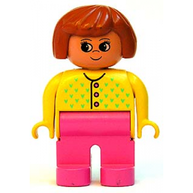 duplo figure female dark pink legs yellow sweater with 3 buttons and v stitching dark orange hair