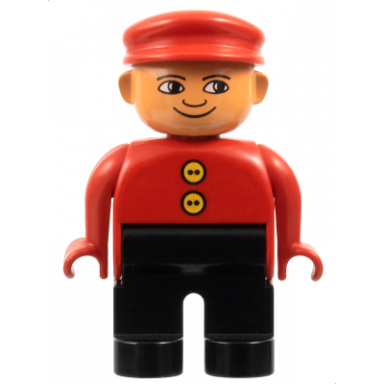 duplo figure male black legs red top with 2 yellow buttons red cap