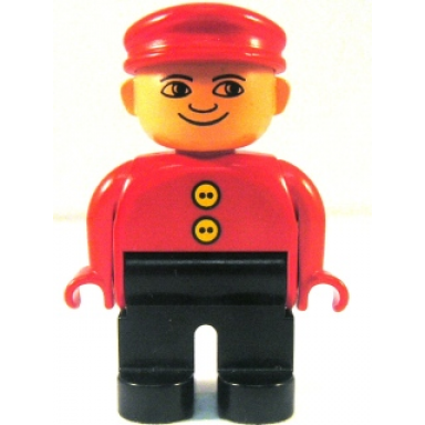 duplo figure male black legs red top with 2 yellow buttons red cap no white in eyes pattern