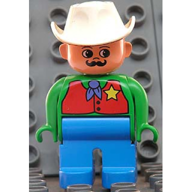duplo figure male blue legs green top with red vest with sheriff star moustache white cowboy hat