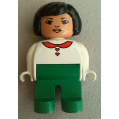 duplo figure female green legs white blouse with red heart buttons and collar black hair lips