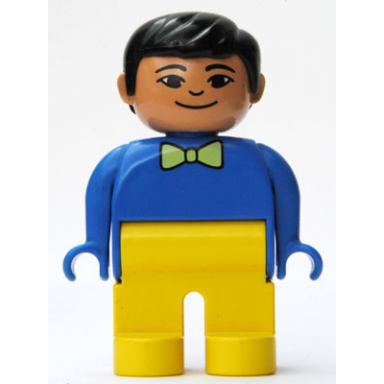 duplo figure male yellow legs blue top with light green bow tie black hair grin