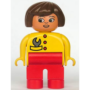 duplo figure female red legs yellow top with red buttons wrench in pocket brown hair turned down nose